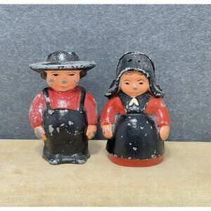 Vintage Cast Iron Amish Couple Man Woman Salt Pepper Shakers Red Black